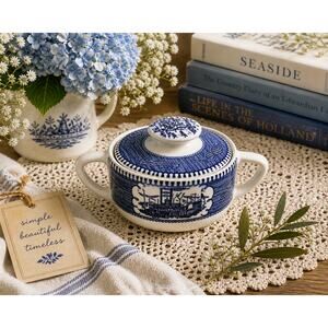 Blue White Porcelain Sugar Bowl With Lid Delft Style Cottage Core Decor